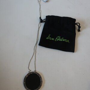 NWT Womens Sam Edelman Black Leather & Rhodium Pendant Necklace